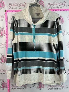 Talbots sweater turtleneck Striped Cowl Neck Sweater - Turquoise, Gray & Cream